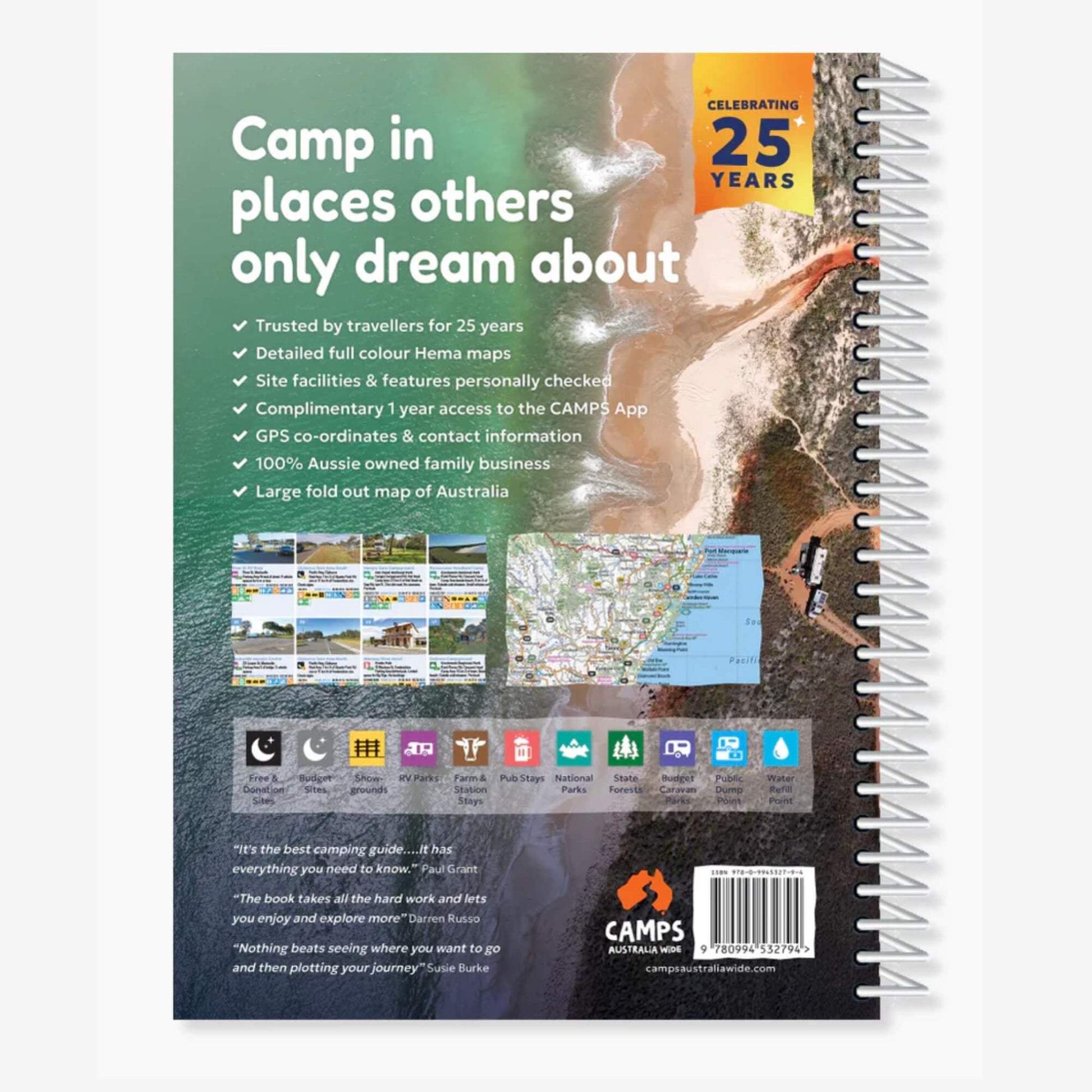 Camps 13 B4 Easy to Read 2026 Edition camping guide with spiral binding and site photos