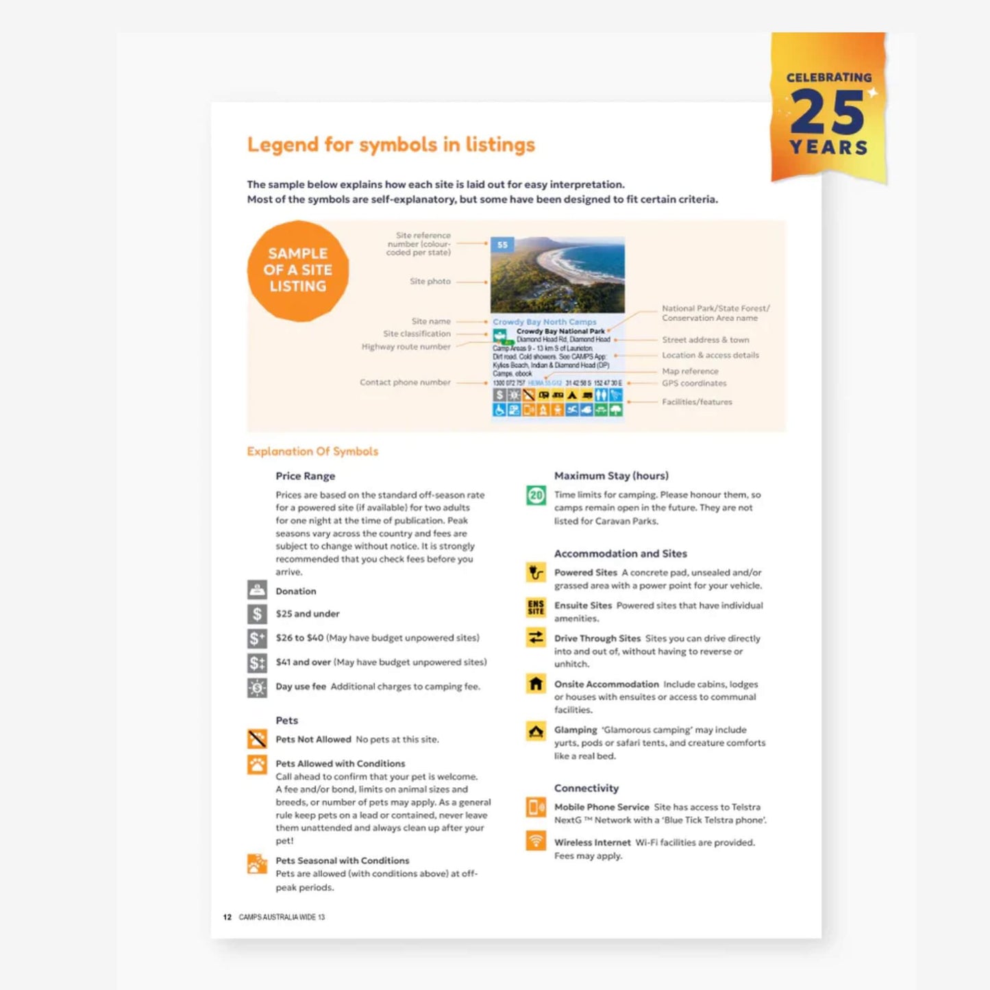 Camps 13 B4 Easy to Read 2026 Edition camping guide with spiral binding and site photos