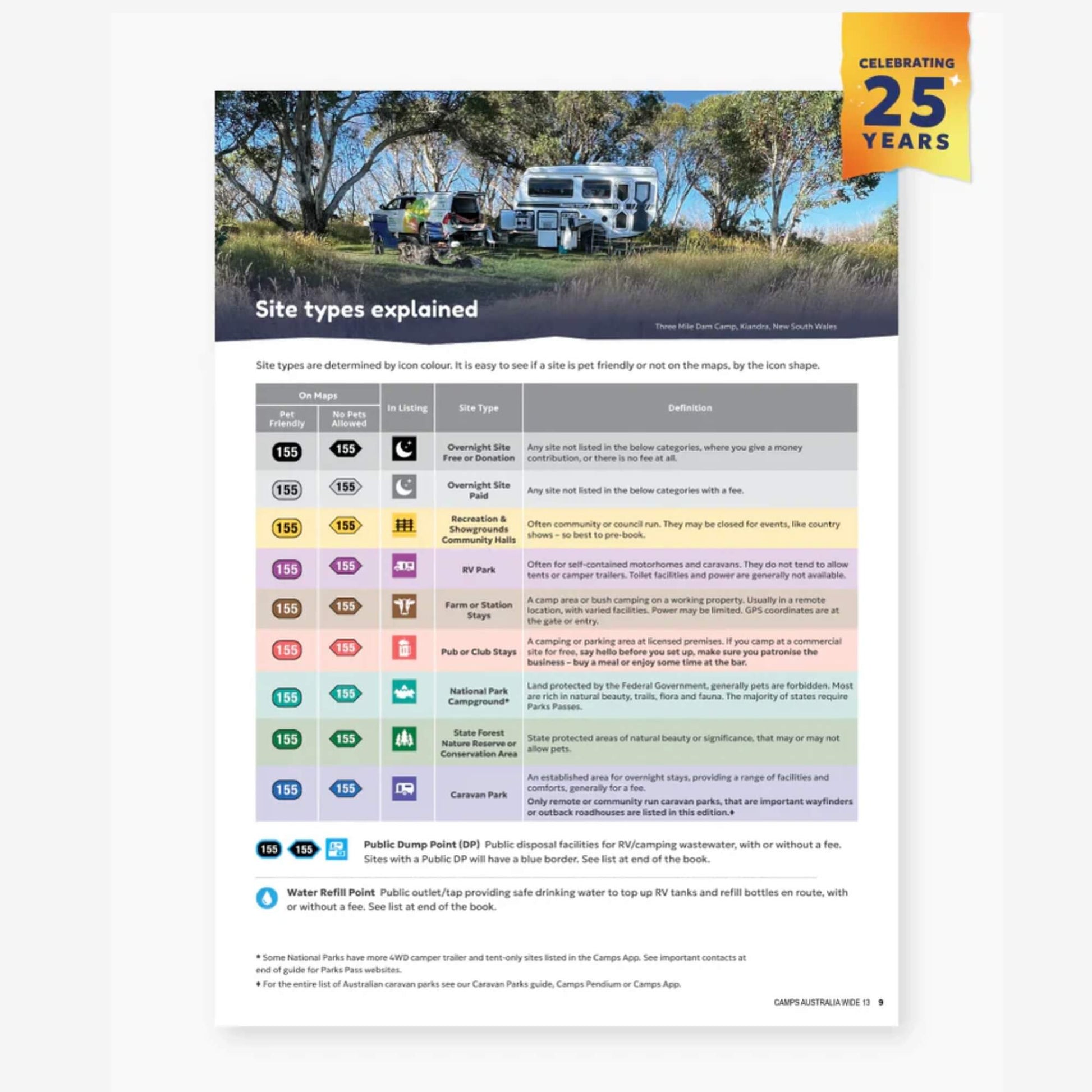 Camps 13 B4 Easy to Read 2026 Edition camping guide with spiral binding and site photos