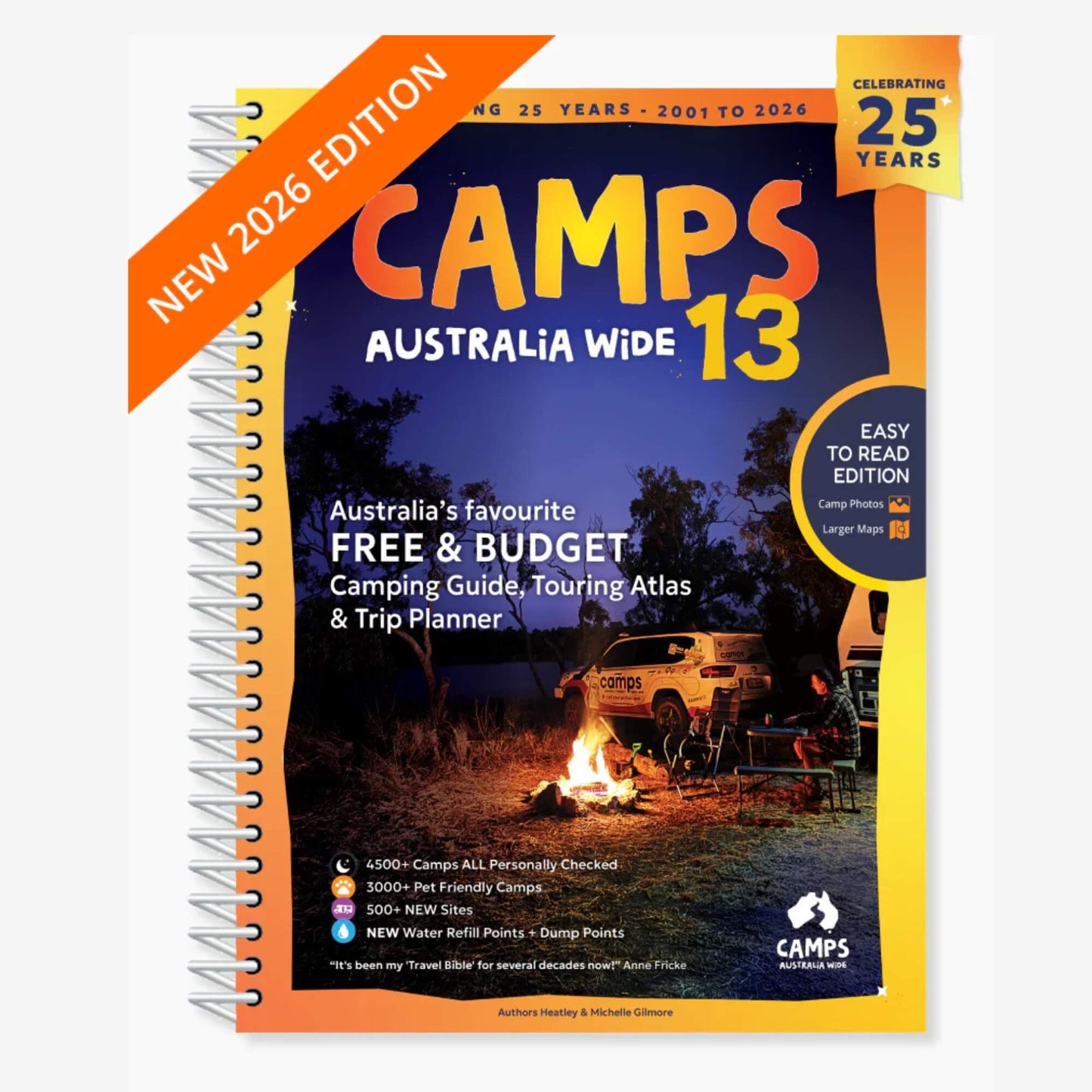 Camps 13 B4 Easy to Read 2026 Edition camping guide with spiral binding and site photos