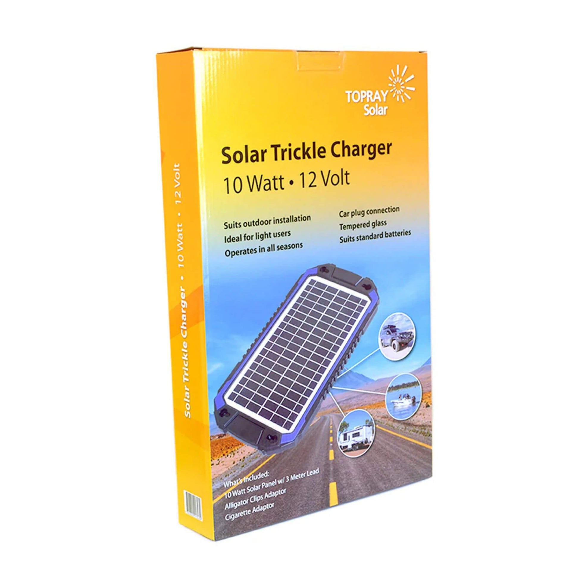 Topray 10W trickle charge solar panel with alligator clips and cigarette adaptor on white background