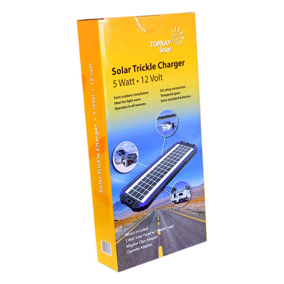 Topray 5W trickle charge solar panel with 3-metre lead, alligator clips, and cigarette adaptor on white background