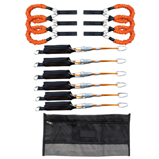 270-Degree Awning Tie Down Kit for caravans and camping with springs, guy ropes, and storage bag