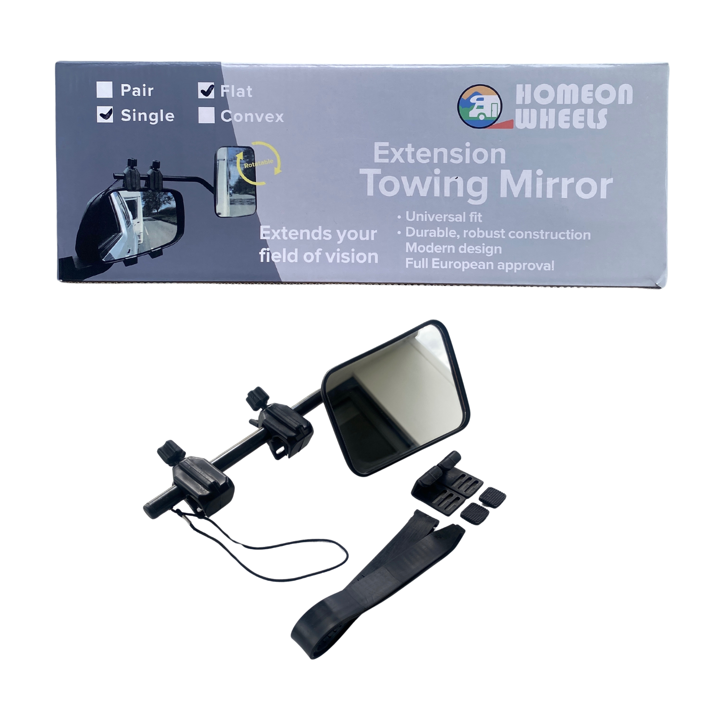 Single towing mirror clip-on style for caravans and trailers, adjustable fit
