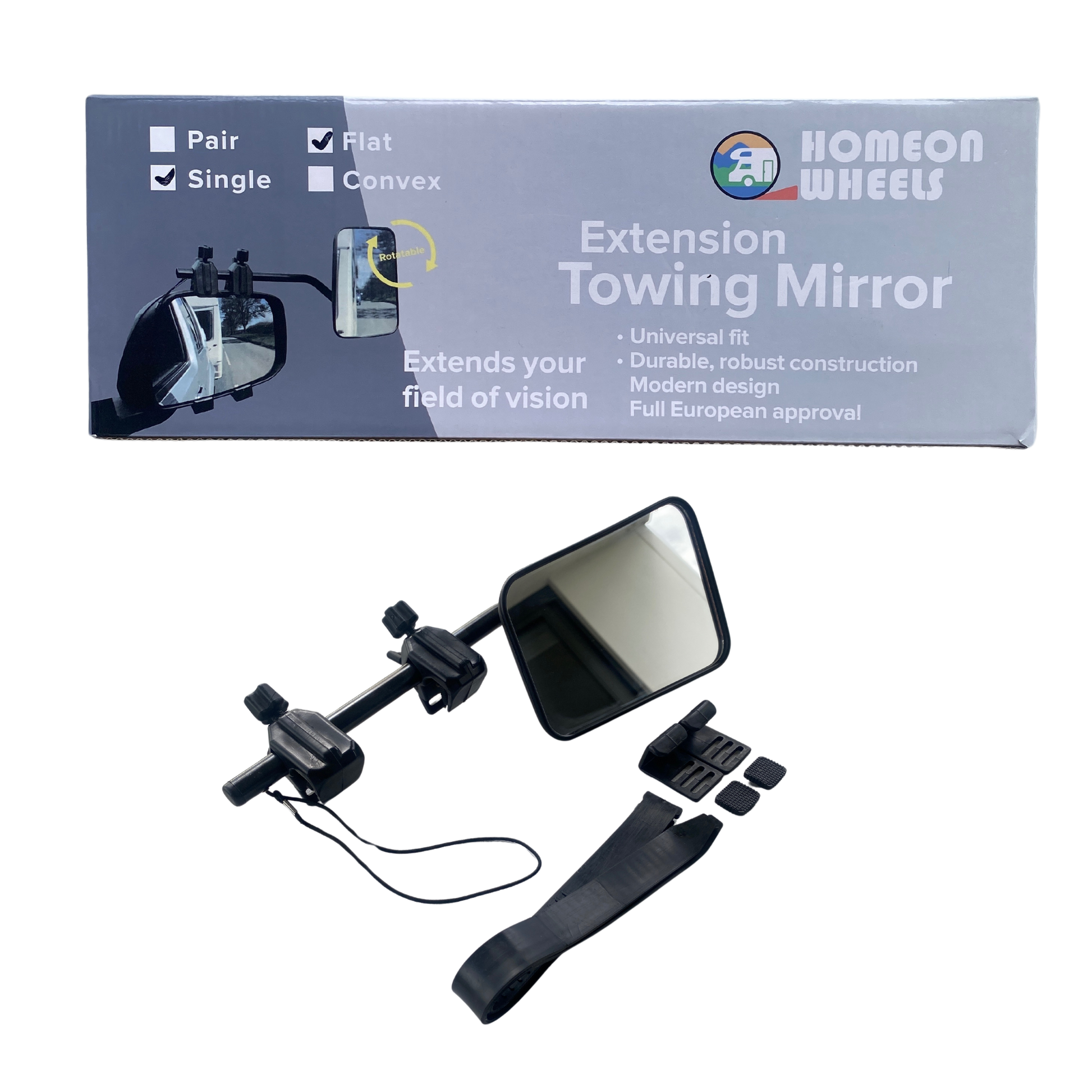 Single towing mirror clip-on style for caravans and trailers, adjustable fit