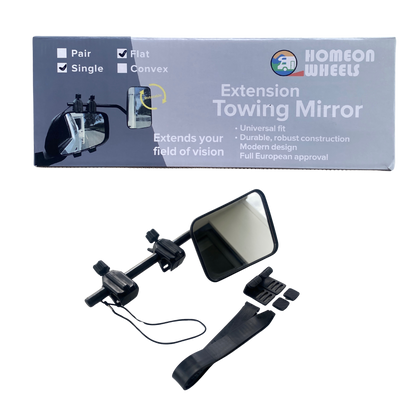 Single towing mirror clip-on style for caravans and trailers, adjustable fit