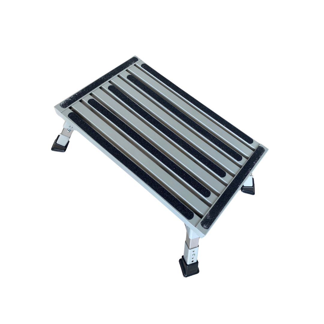 Aluminium adjustable folding step with non-slip surface for caravans and outdoor use