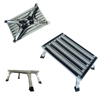Aluminium adjustable folding step with non-slip surface for caravans and outdoor use