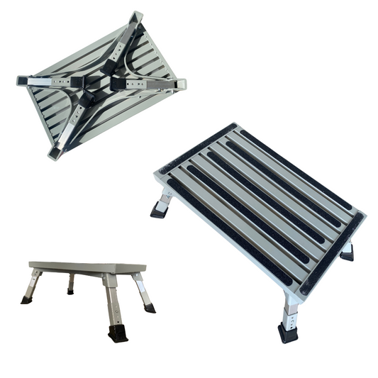 Aluminium adjustable folding step with non-slip surface for caravans and outdoor use