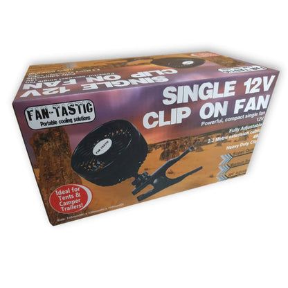 Box of a single 12V clip on fan with 'Fan-Tastic' branding.
