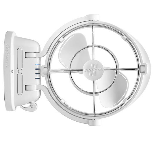 Sirocco II caravan fan in white with 360-degree airflow and foldaway design