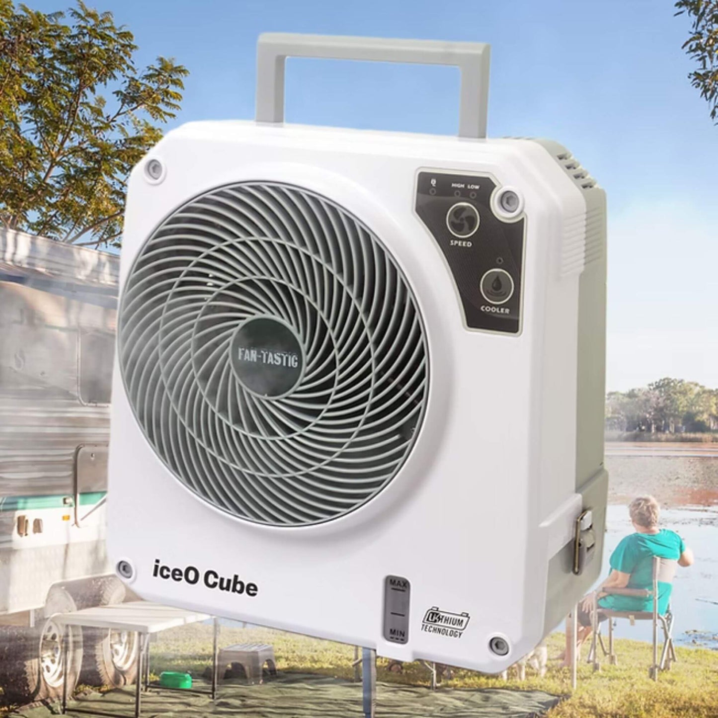 Fantastic iceOcube 12V lithium rechargeable evaporative cooler with 1.2L water tank, touch controls, compact portable design for caravans, camping, and boats