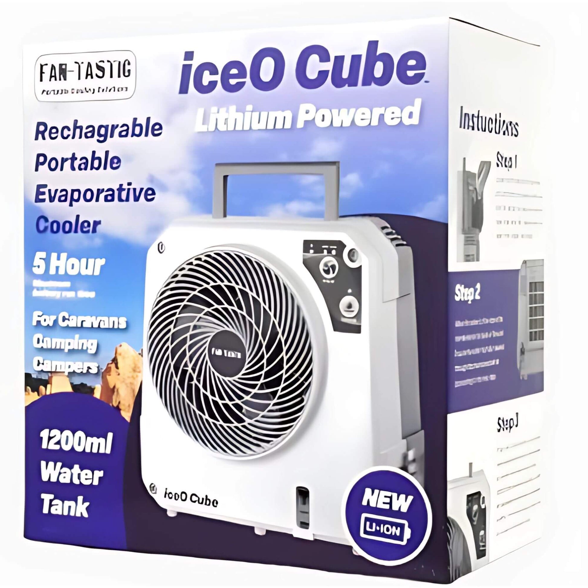 Packaging of a Far-Tastic iceO Cube lithium-powered evaporative cooler with text on a white background.