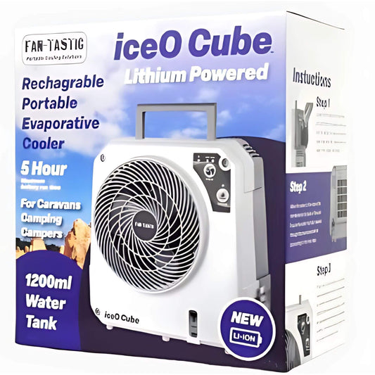 Packaging of a Far-Tastic iceO Cube lithium-powered evaporative cooler with text on a white background.