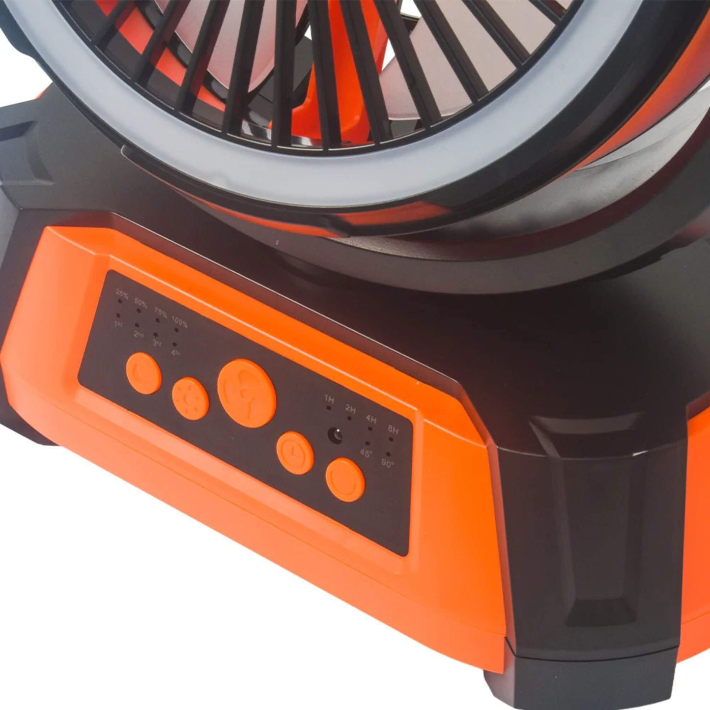 Close-up of an orange and black fan with control panel on a white background
