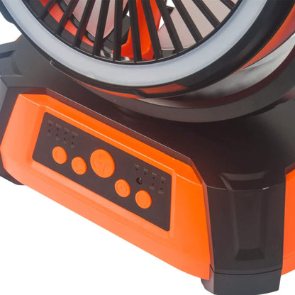 Close-up of an orange and black fan with control panel on a white background