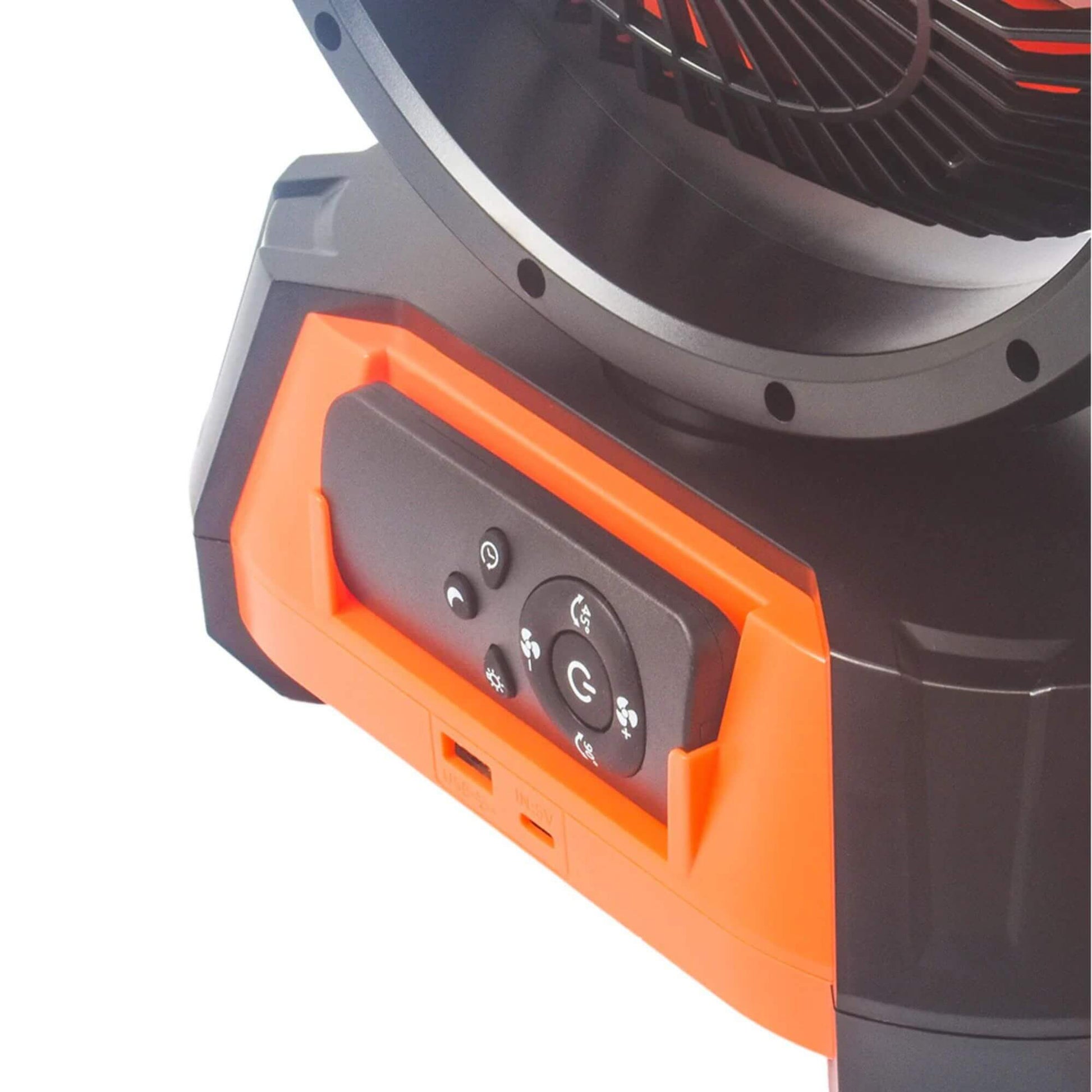 Close-up of an orange and black portable fan with control panel on a white background