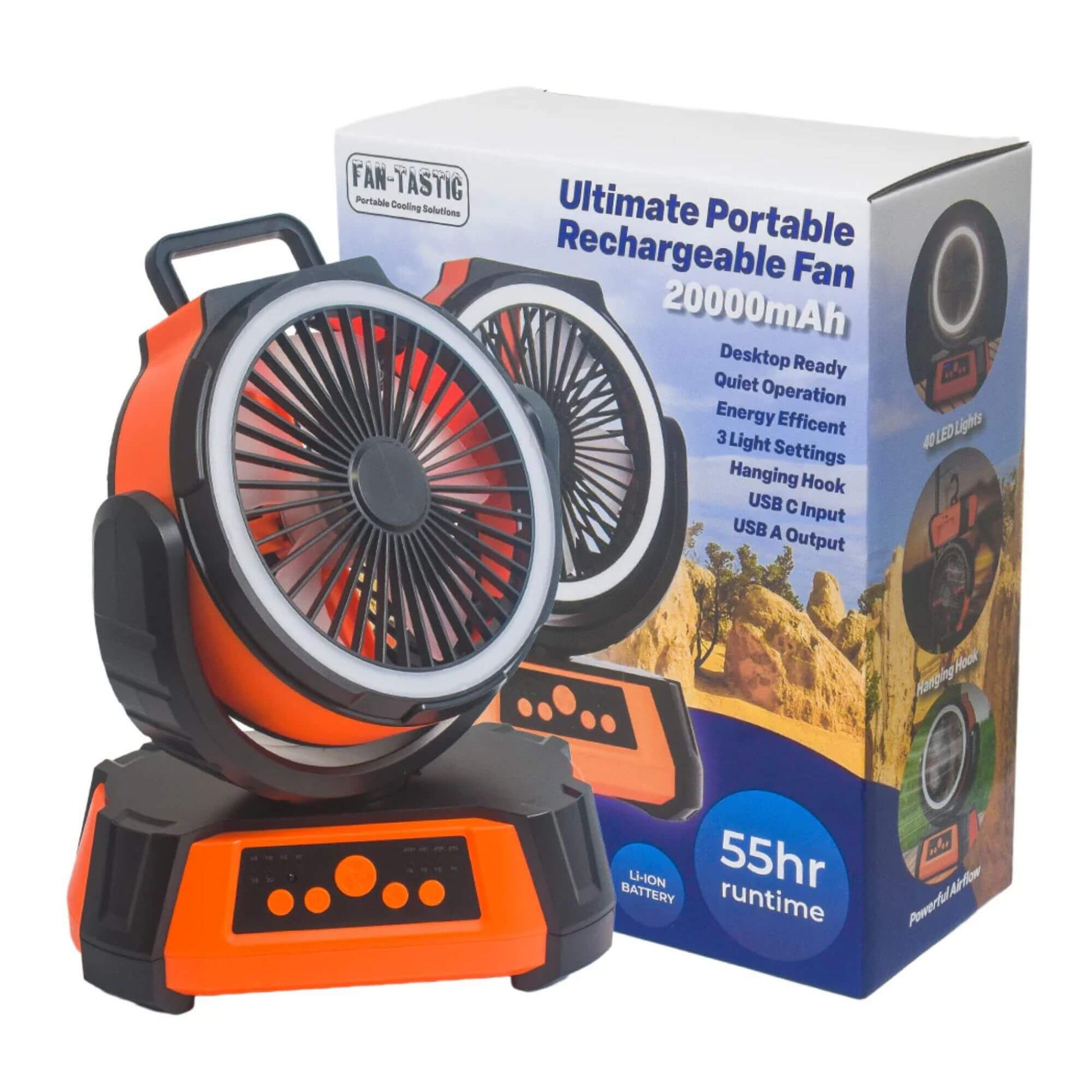 Portable rechargeable fan with packaging on a white background