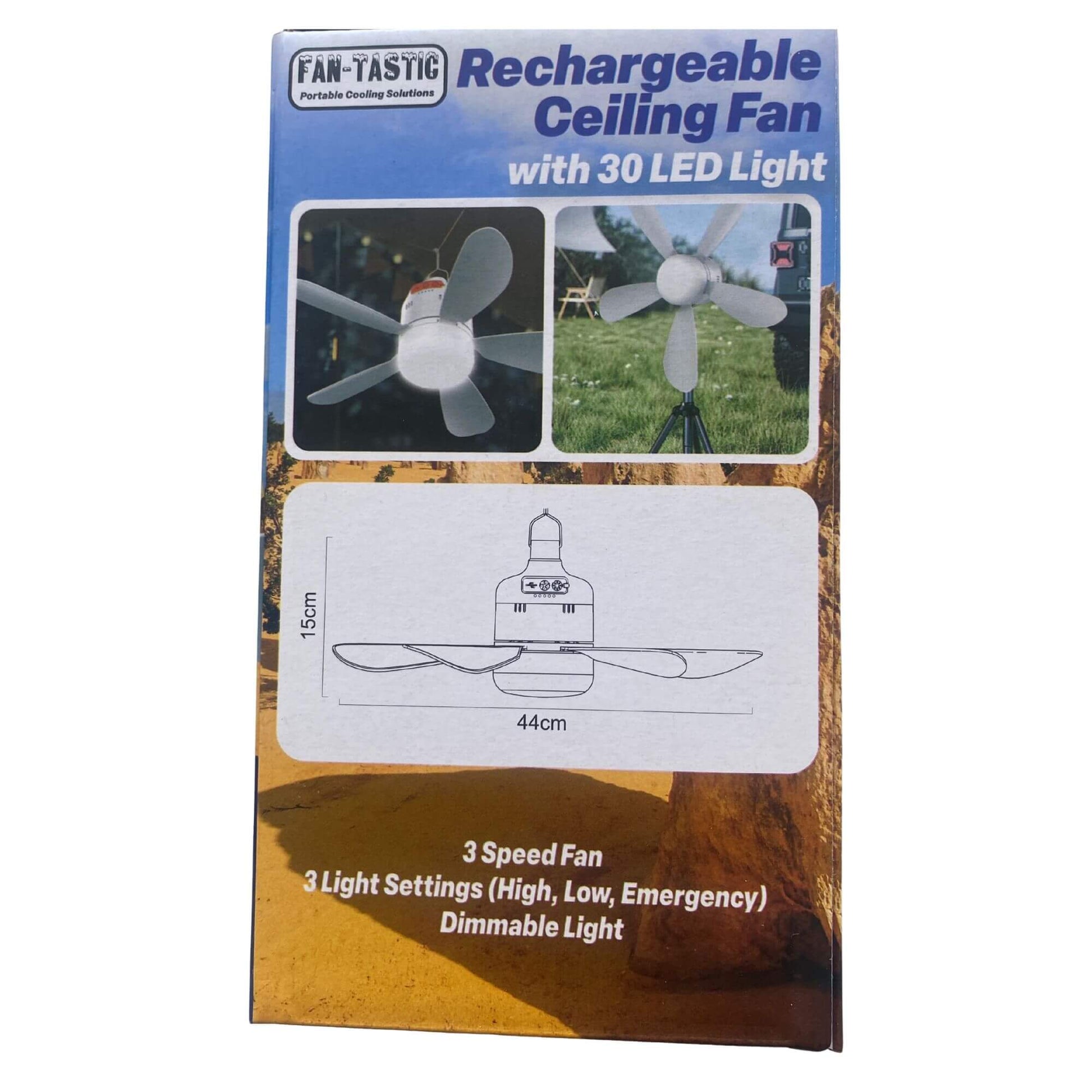 Packaging of a rechargeable ceiling fan with LED light on a white background