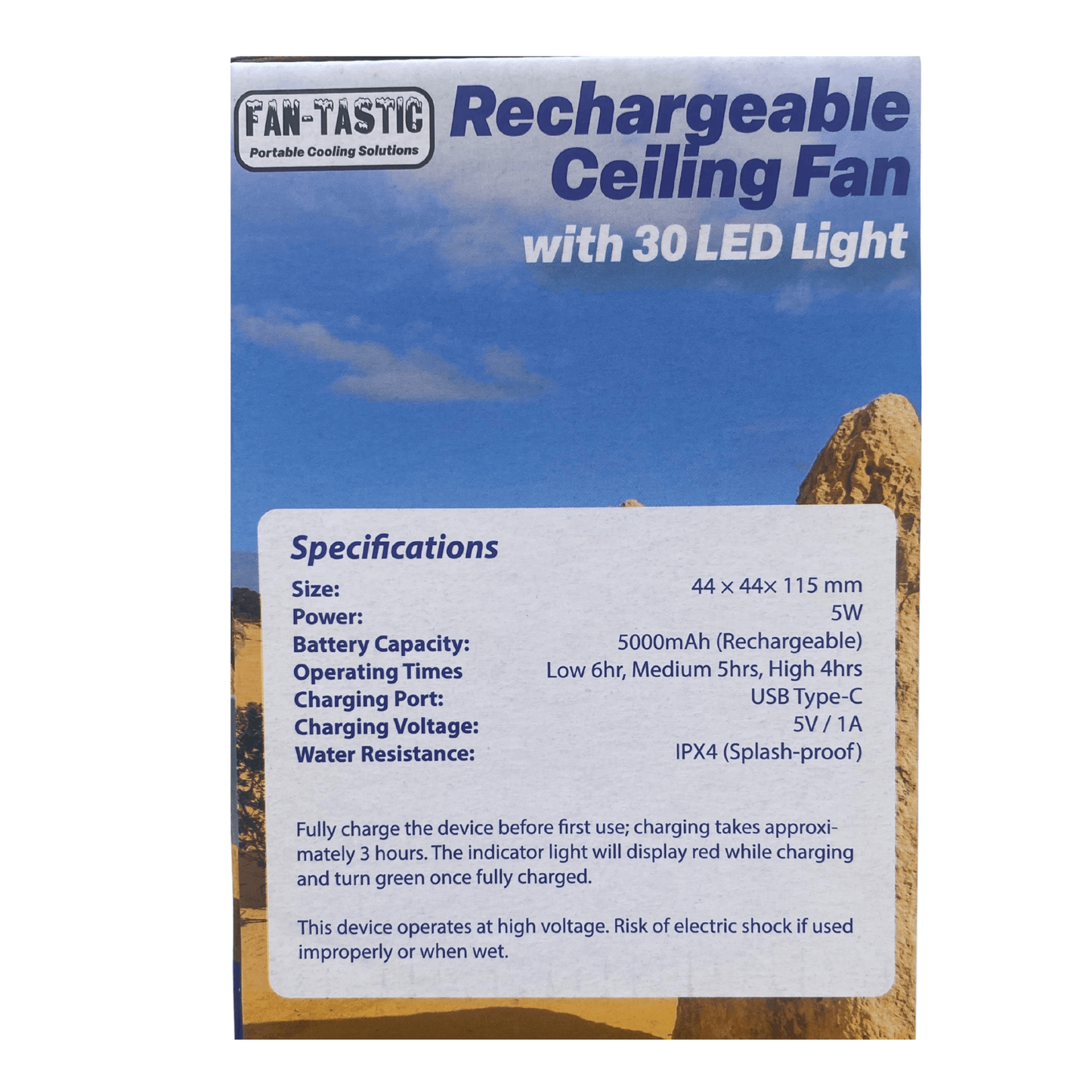 Packaging of a rechargeable ceiling fan with LED light, featuring specifications on a blue and yellow background.