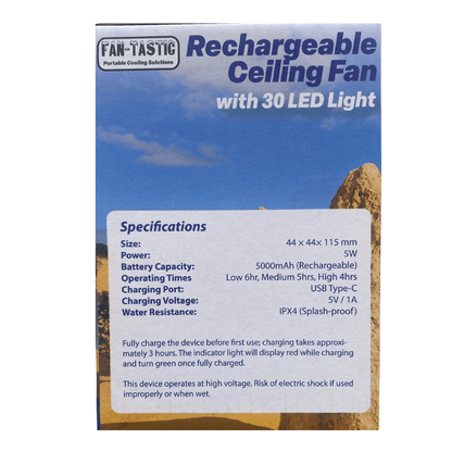 Packaging of a rechargeable ceiling fan with LED light, featuring specifications on a blue and yellow background.