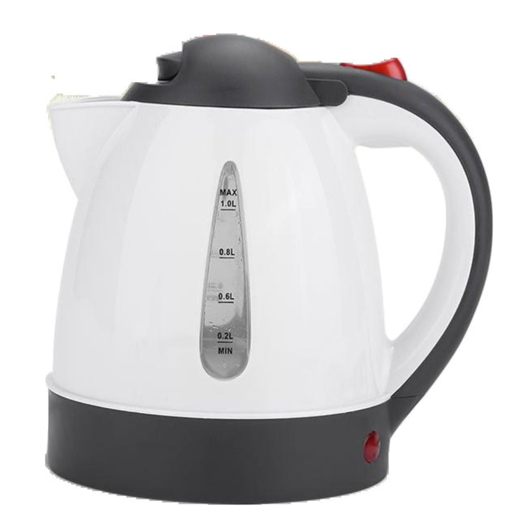 On The Road 12V 1L travel kettle with stainless steel base, BPA-free and 150W draw for caravans, camping, and boats