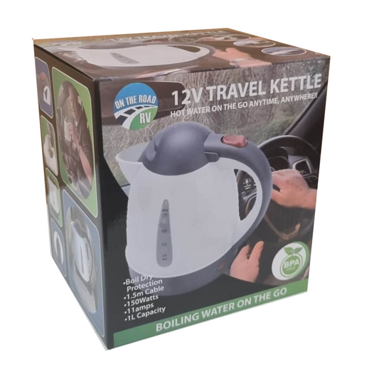 On The Road 12V 1L travel kettle with stainless steel base, BPA-free and 150W draw for caravans, camping, and boats