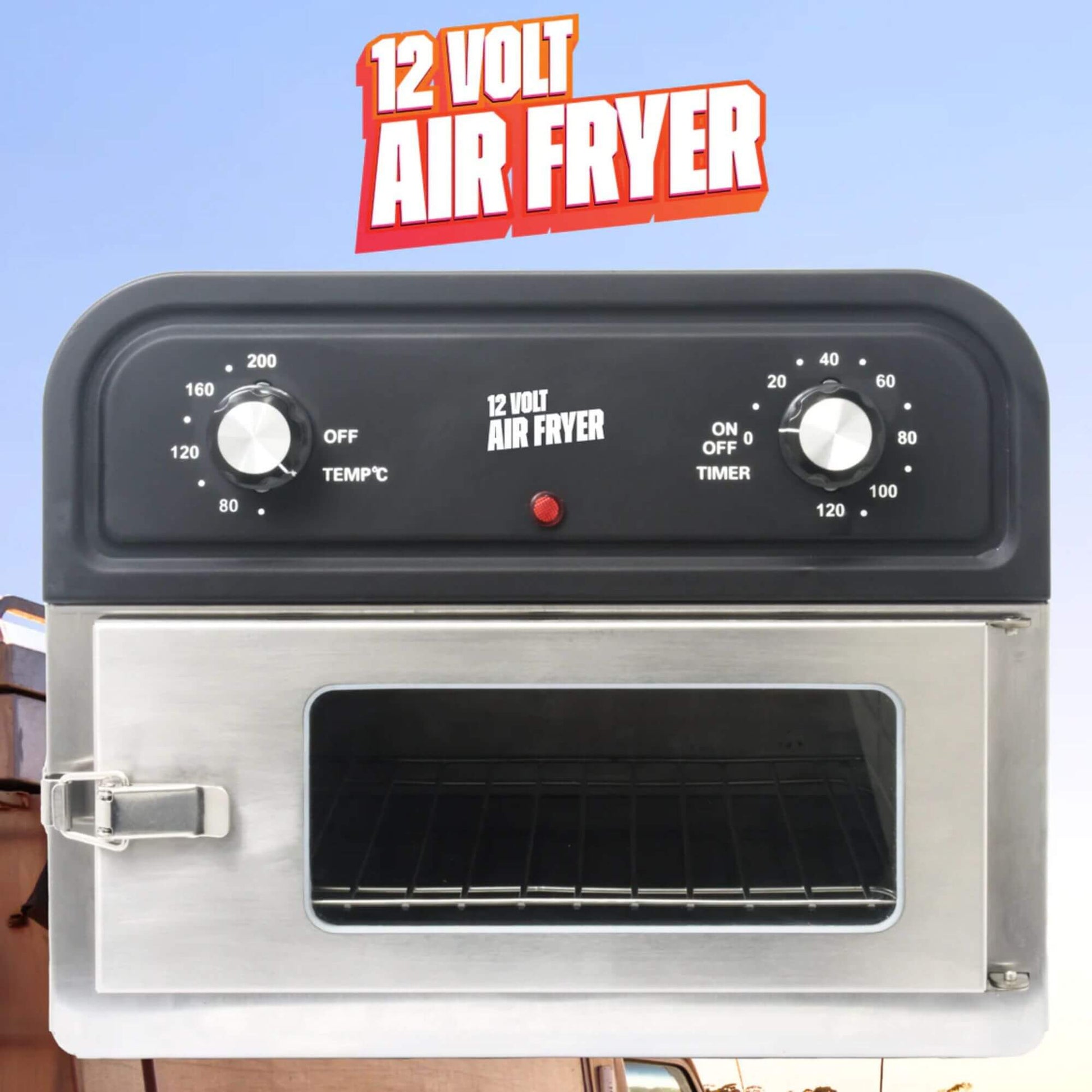 12 Volt Air Fryer with control panel on a blue background