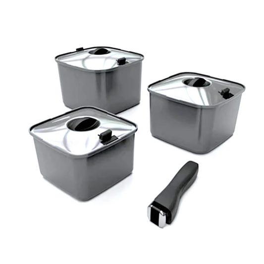 Smart Space Cookware Set – Stackable square pots with detachable handle and lids for caravan cooking

