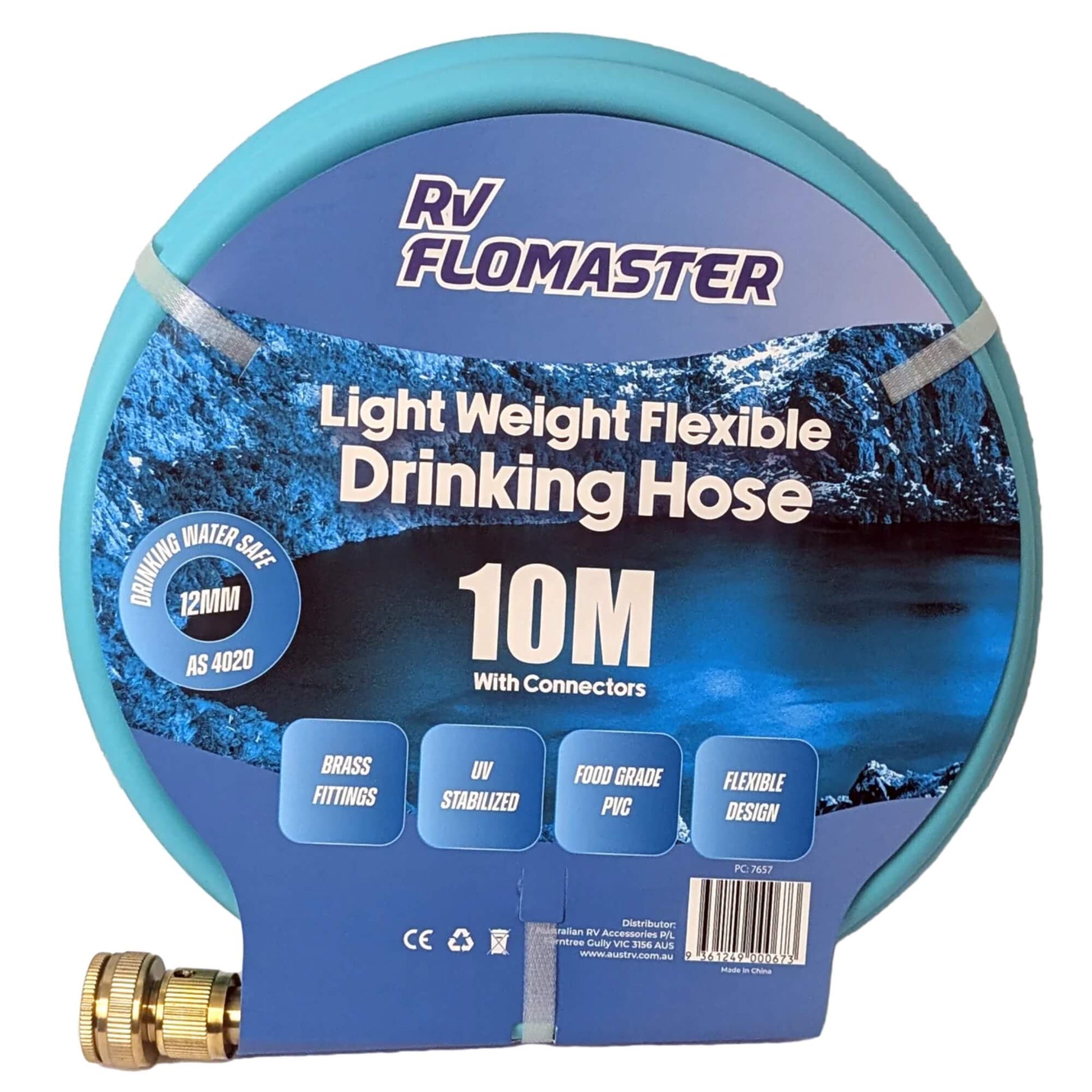 Flomaster 10m 12mm blue drinking water hose in retail packaging with brass fittings