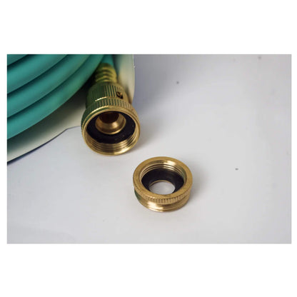 Brass hose connector with additional female fitting shown next to 12mm Flomaster hose