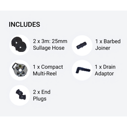 Flat Out 6m roll-flat sullage hose with 25mm diameter, compact reel, and joiner kit