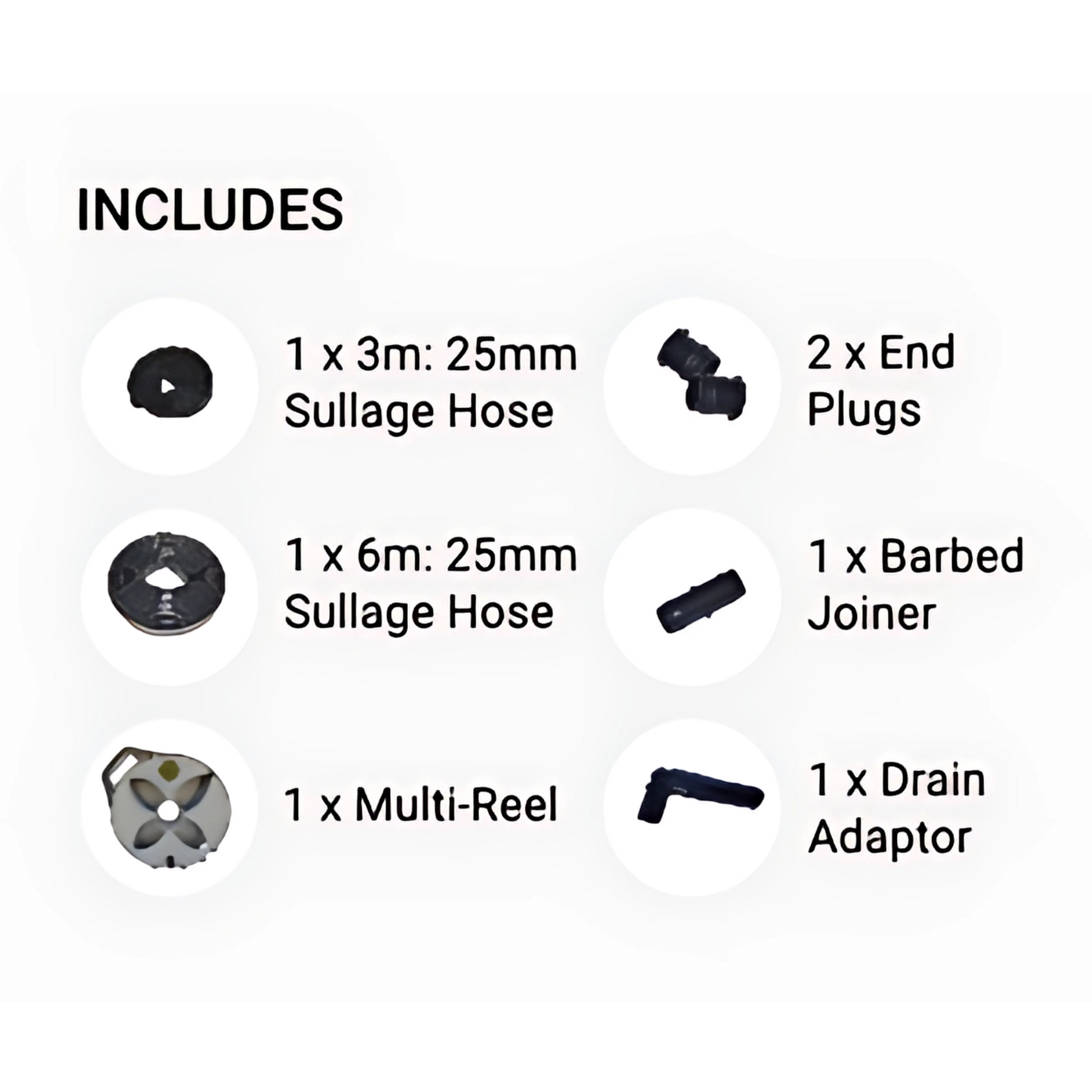 Flat Out 9m roll-flat sullage hose with 25mm diameter, reel, end caps, and joiners