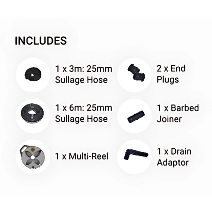Flat Out 9m roll-flat sullage hose with 25mm diameter, reel, end caps, and joiners