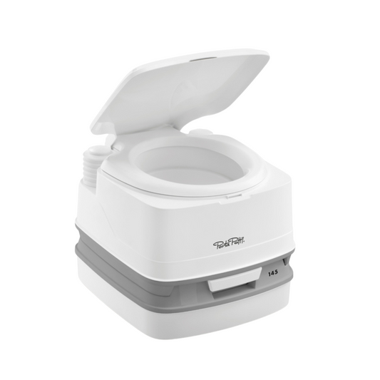 Thetford Porta Potti Qube 145 compact portable toilet with bellows pump, ideal for caravans, camping, and travel use.
