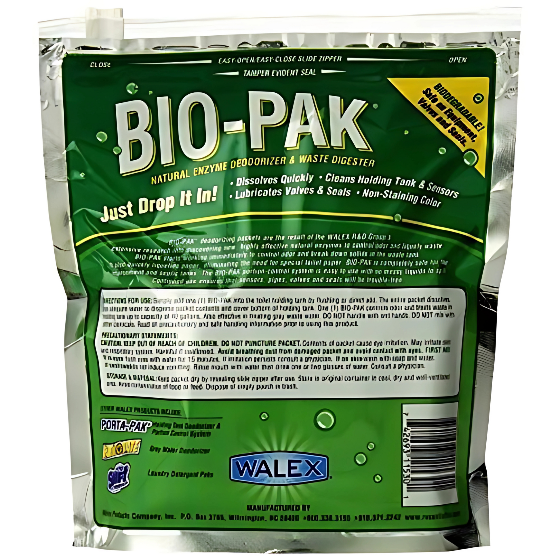 Walex BIO-PAK toilet deodorizer. 15-pack, breaks down waste & paper, eco-friendly, formaldehyde-free. Ideal for caravans & boats.
