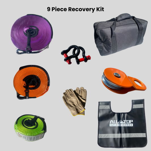 9-piece 4WD recovery kit including straps, shackles, snatch block, gloves, and gear bag for off-road recovery