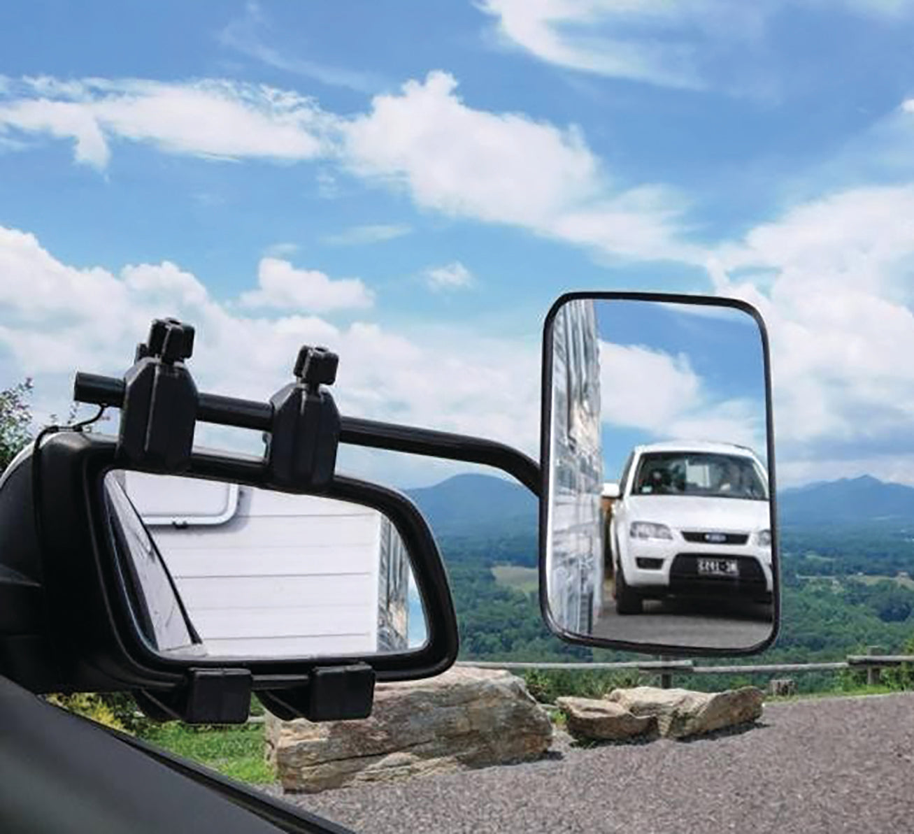 towing mirror clip-on style for caravans and trailers, adjustable fit