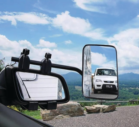 towing mirror clip-on style for caravans and trailers, adjustable fit