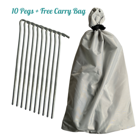Set of 10 steel tent pegs with free carry bag for camping and outdoor setups