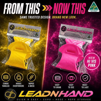A promotional product graphic for Leadnhand rope storage clips showing two packaged clips side by side with before/after-style text and feature icons. The left side is yellow and the right side is bright pink, both in clear plastic packaging with branded cards.