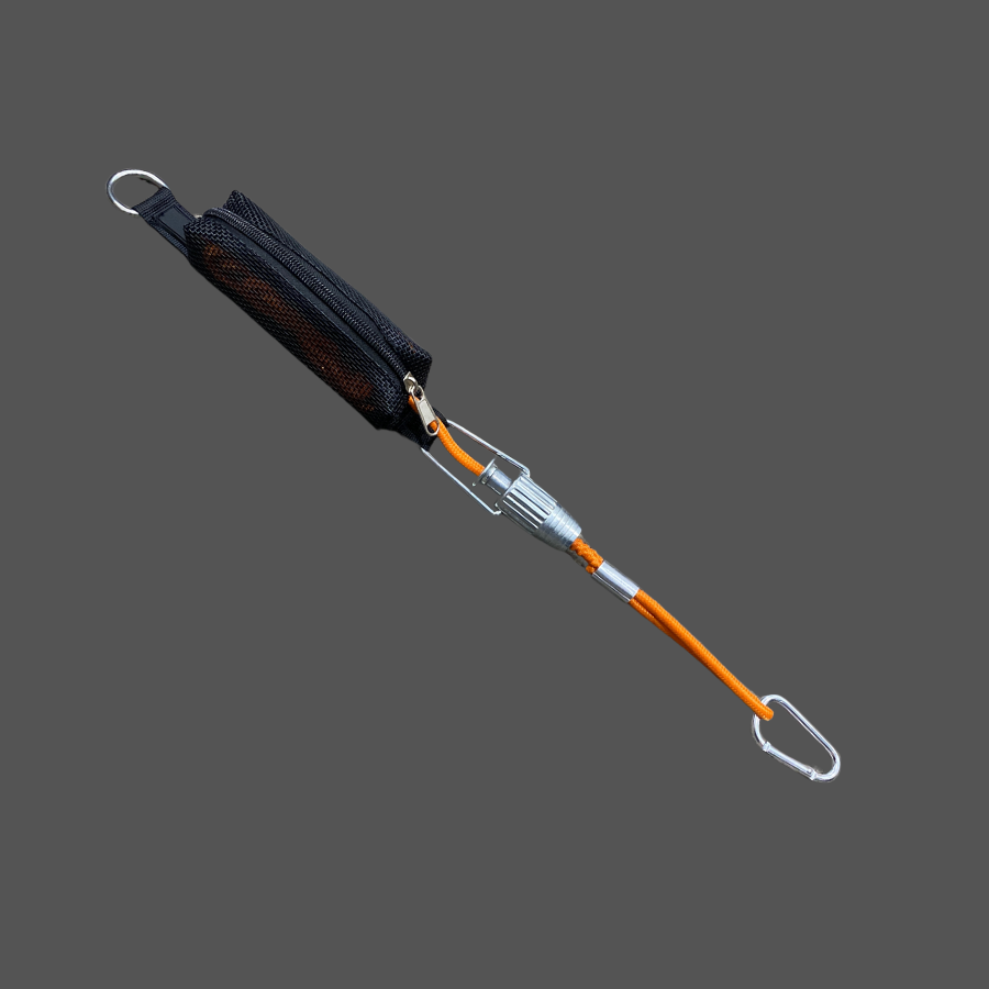 Single guy rope with carabiner, cast alloy tensioner, and zippered net storage bag