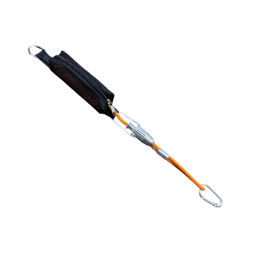 Single guy rope with carabiner, cast alloy tensioner, and zippered net storage bag